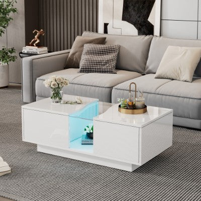 Led Gloss Coffee Table With 2 Drawer Storage, Unique Shape