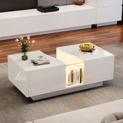 Led Gloss Coffee Table With 2 Drawer Storage, Unique Shape