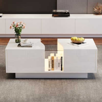 Led Gloss Coffee Table With 2 Drawer Storage, Unique Shape