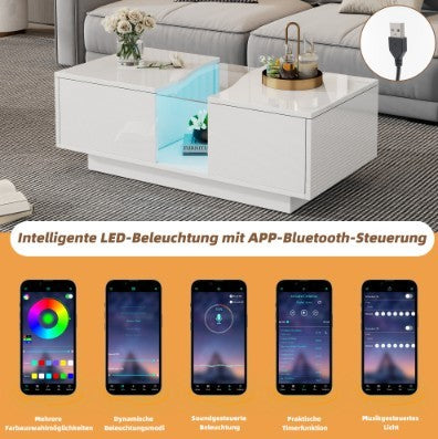 Led Gloss Coffee Table With 2 Drawer Storage, Unique Shape