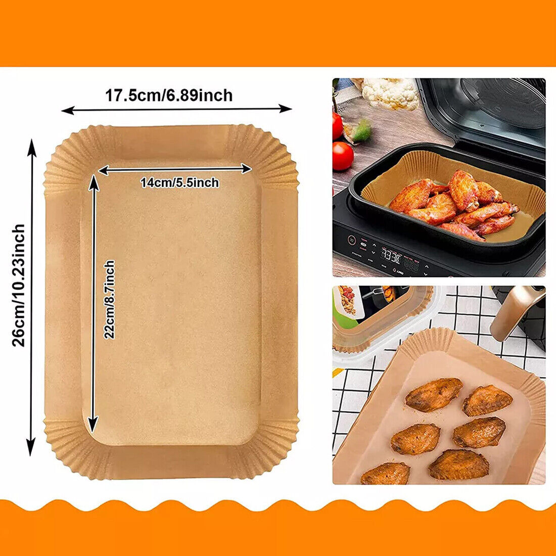 Brown paper tray with dimensions, used for cooking and baking.