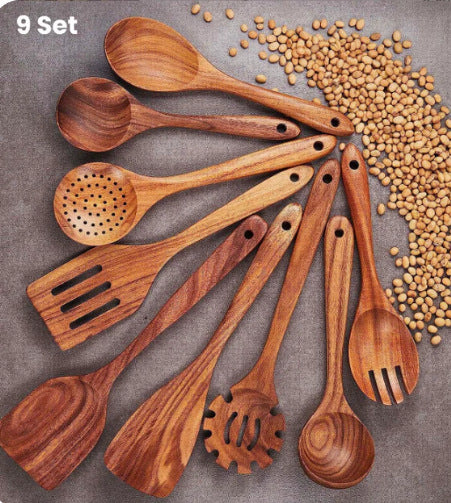 Eco-Friendly Wooden Spatula Cookware Kitchenware 9 piece