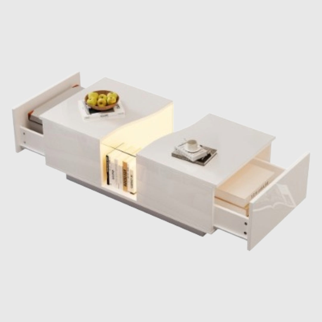 Led Gloss Coffee Table With 2 Drawer Storage, Unique Shape