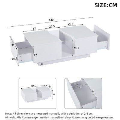 Led Gloss Coffee Table With 2 Drawer Storage, Unique Shape