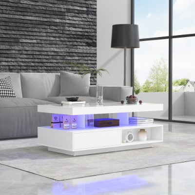 Led Gloss Coffee Table With 2 Drawer Storage