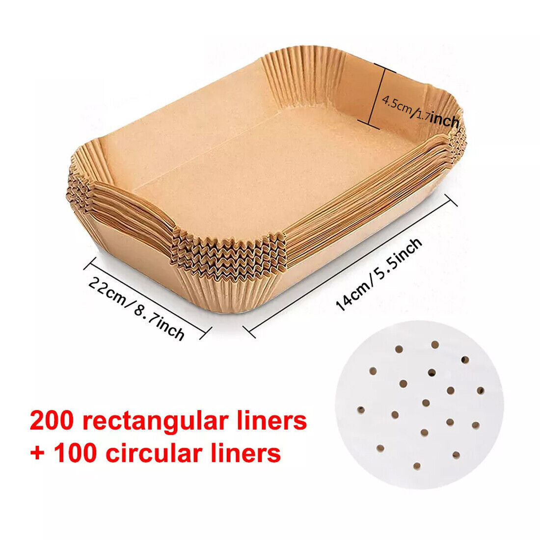 Stack of brown rectangular and circular liners with dimensions and quantity text on a white background